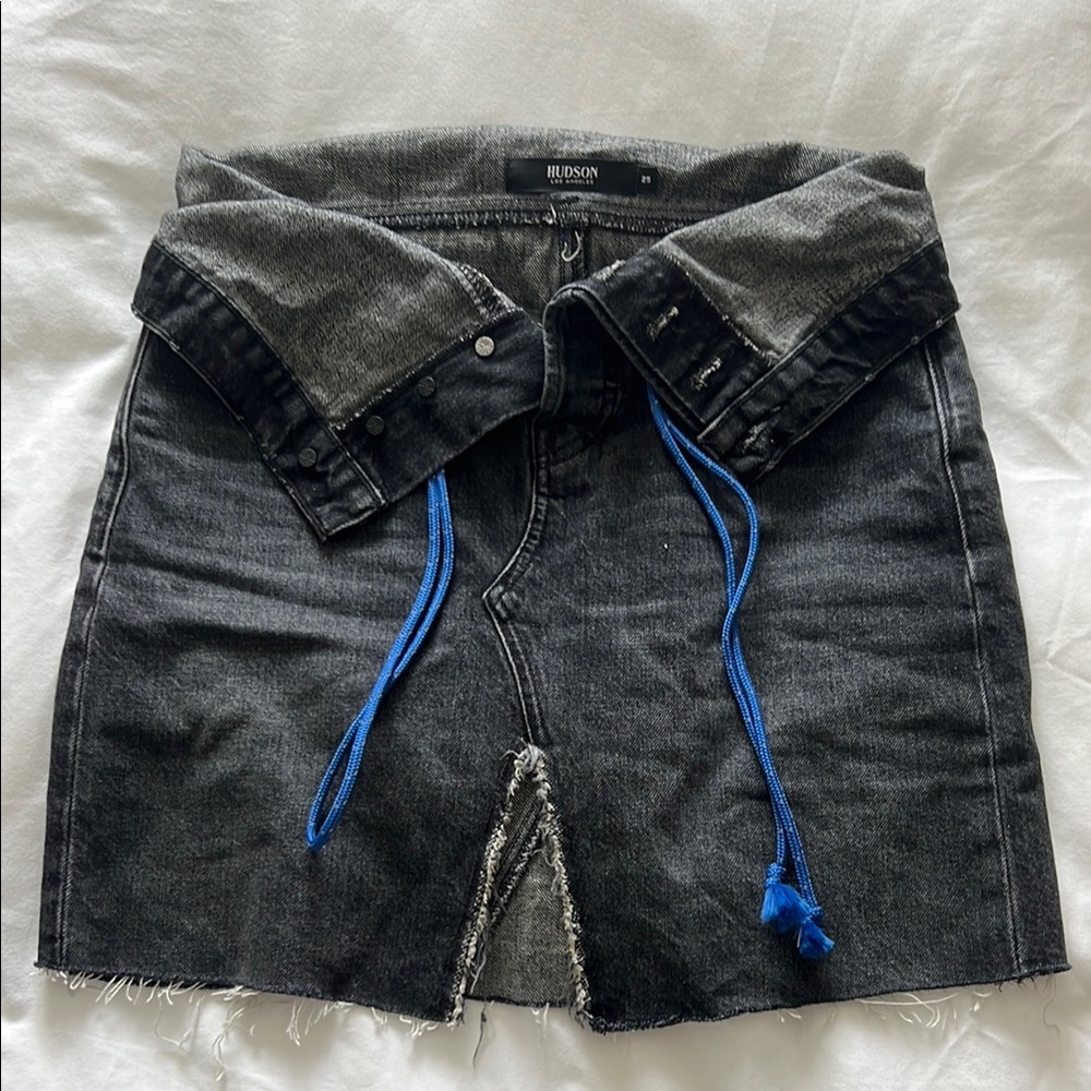 Hudson Jeans Black Fold Over Mini Denim Skirt with Cut Out and Tie Front
